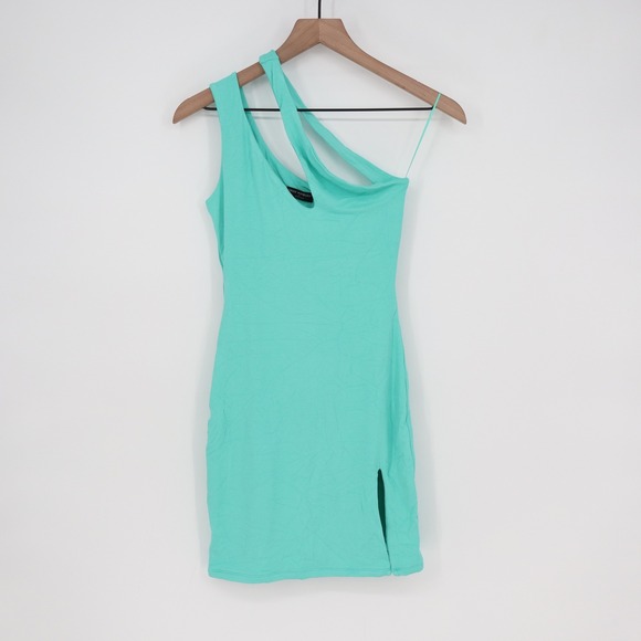 Naked Wardrobe Mint Green One Shoulder Cutout Mini Dress Bodycon Small Slit L - Picture 2 of 7